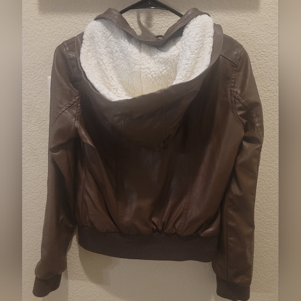 New Look faux brown leather jacket w/fur hood